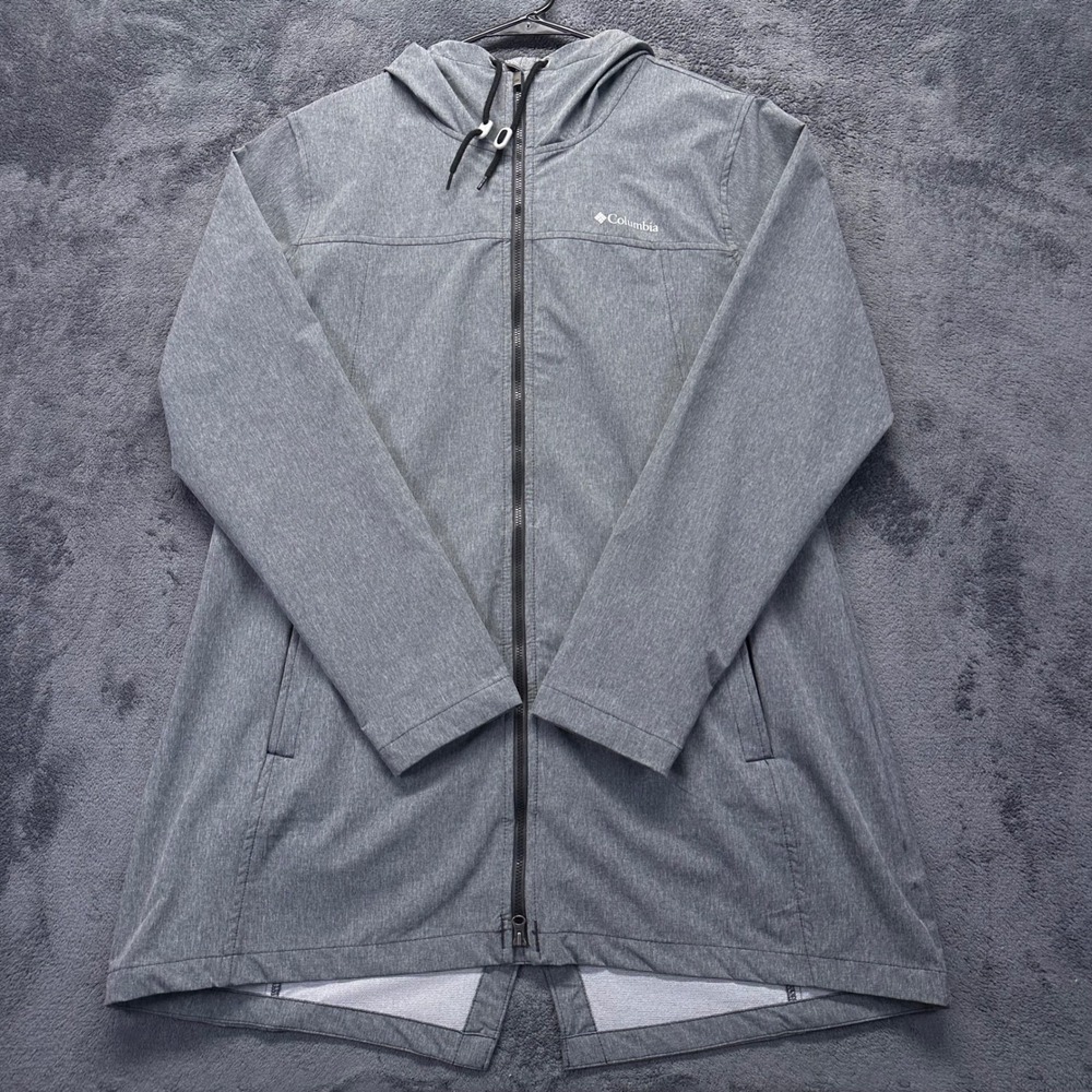 Columbia Softshell Hooded Long Jacket Parka Womens XL Miller Peak Heathered Gray